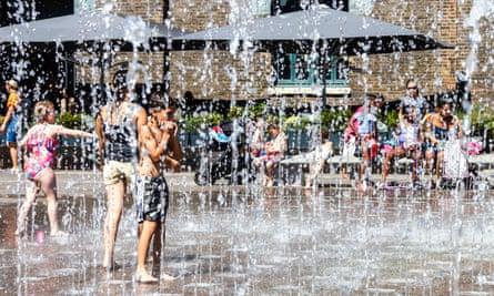 Children in the fountains at Granary Square, King’s Cross, London.